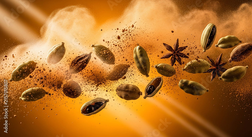 Scattered green cardamom pods and star anise with spice powder explosion, dynamic motion, suitable for culinary advertising, gourmet food blogs and spice packaging design