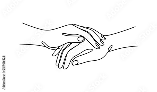 Two hands clasping continuous line art care assistance rescue icon vector illustration