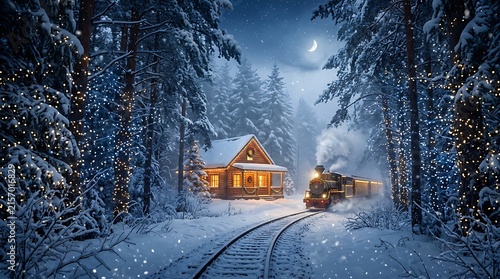 Steam train traveling through a magical snowy forest at night