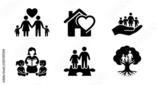 Family Icons Set: Love, Home, Care, Education, Unity, Roots, Vector Graphics