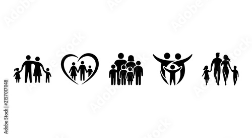 Family Icons Set, Diverse People Silhouettes, Love Heart Symbol, Community Group Vector Art