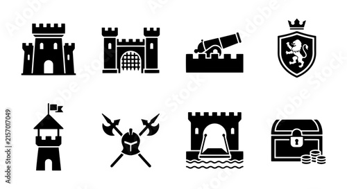 Medieval Castle Icons, Fortress Symbols, Royal Crest, Cannon, Treasure Chest, Vector Set