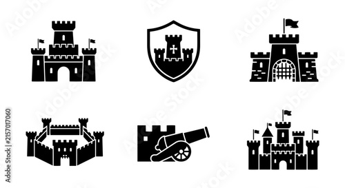 Medieval Castle Icons Set, Fortress and Cannon Vector Graphics, Royal Stronghold Symbols