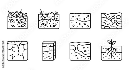 Soil Layers Cross-Section Icons, Earth Strata Diagrams, Ground Texture Vector Set