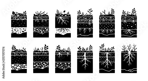 Soil Layers Vector Icons, Earth Cross-Sections, Plant Roots, Agricultural Science Diagrams, 12 Elements