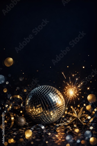 Disco ball sparkles golden ribbons and confetti on dark background celebration party invitation template design