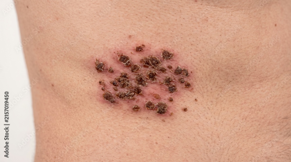 Fototapeta premium Close up of crusted lesions on human skin, herpes zoster, shingles or severe viral rash recovery
