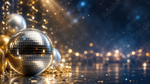 New year party decoration with disco ball and golden bokeh lights on dark background for celebration