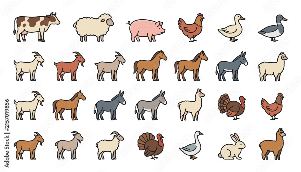 Fototapeta premium Cute Farm Animals Icon Set Collection with Cow Sheep Pig Chicken Goat Horse Donkey and Rabbit Vectors for Children Illustration and Agriculture Designs