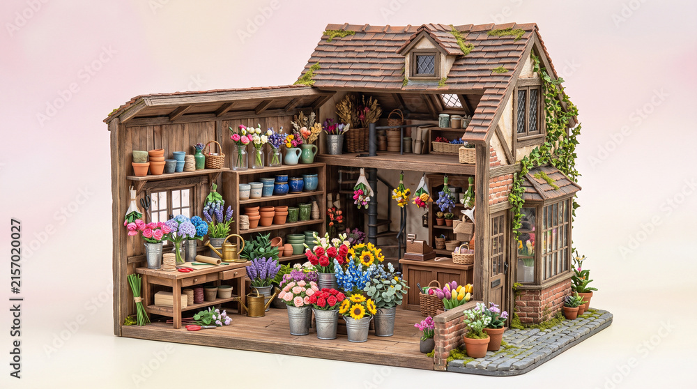 Naklejka premium Handcrafted miniature garden shed diorama with potted flowers and rustic decor for hobby displays
