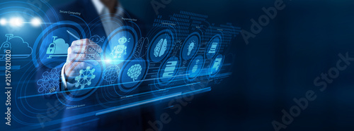 Принти на полотні Lead programmer pointing the pen teaching Computer Science fundamentals on a large educational virtual screen