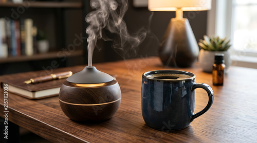 Wooden aroma diffuser releasing scented steam next to a cup of coffee on a cozy office desk