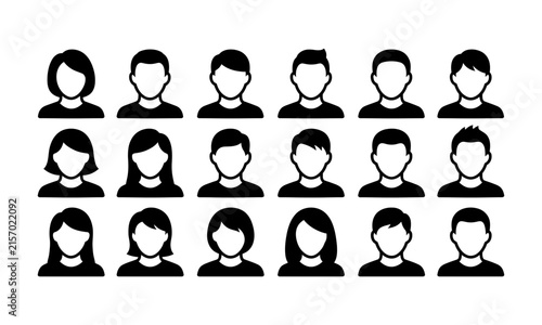 Set of diverse human face avatars featuring a black silhouette isolated on transparent background silhouette