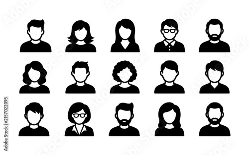 Set of diverse human avatar icons isolated on transparent background featuring a minimalist black silhouette