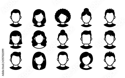 Collection of diverse male and female avatar head icons isolated on transparent background silhouette