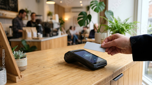 Contactless payment with credit card at modern coffee shop counter