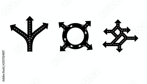 Road map navigation arrow icons depicting split lanes, circular roundabout, and multi direction crossroads in black.