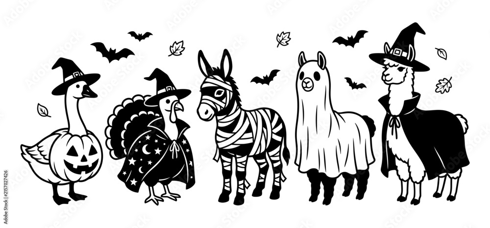 Obraz premium Cute cartoon animals dressed in costumes for Halloween celebration party