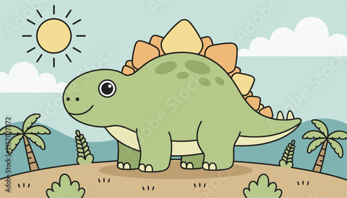 Friendly cartoon stegosaurus dinosaur standing on a sunny landscape hill with palm trees and a bright smiling sun.