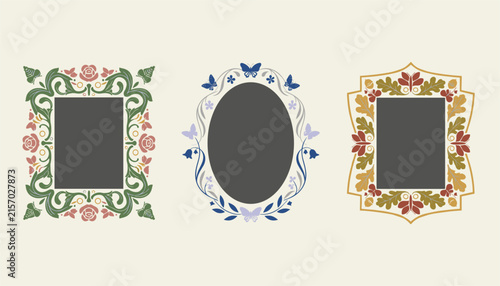 Vintage decorative frames set featuring floral rose themes, butterfly themes, and autumn oak leaf themes.