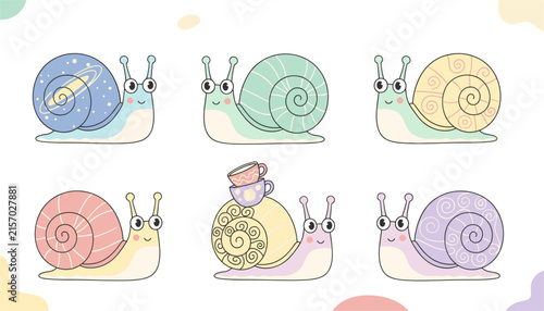 Cute cartoon snail collection featuring six adorable snails with uniquely patterned colorful shells on a white background.