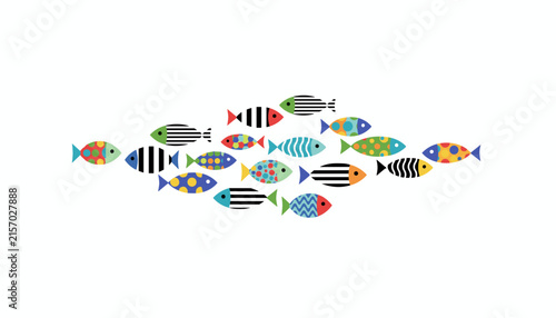 School of various colorful cartoon fish decorated with fun geometric patterns swimming together in a group.