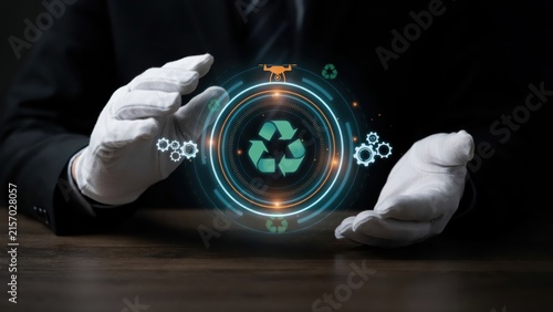 Digital display of circular economy and recycling symbol with futuristic elements