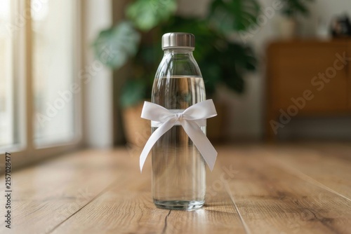 Clear glass water bottle with a white ribbon tied around its neck, on a wooden floor in a blurred indoor setting, symbolizing a healthy gift.