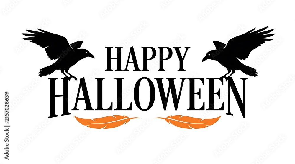 Fototapeta premium A festive halloween greeting features spooky black ravens perched above a bright pumpkin with beautiful handwritten lettering for a seasonal design