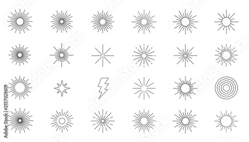Collection of various linear sunburst starburst and light burst symbols in thin black outlines on white.