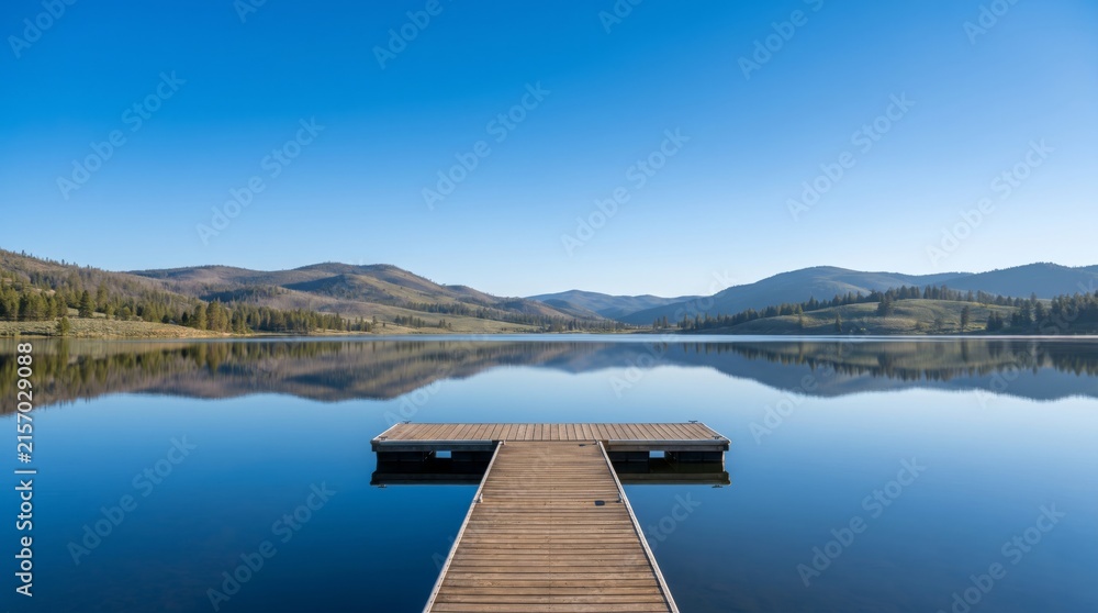 Fototapeta premium Wooden pier on a calm lake with mountain reflections under blue sky