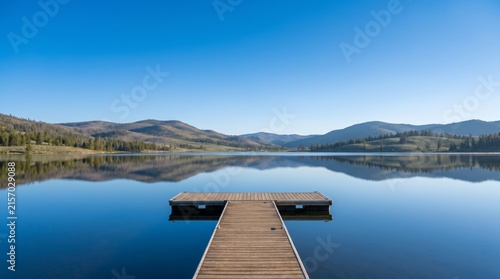 Wooden pier on a calm lake with mountain reflections under blue sky
