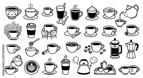 Cute Hot Beverage Doodle Line Art Set – Coffee Shop Drinks and Accessories Vector