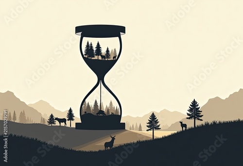 Forest animals inside hourglass showing time passing through nature