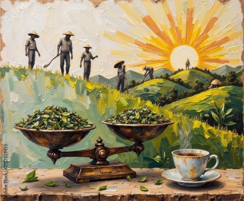 Vibrant Painting of Farmers Working on Green Hills with Sun and Coffee Cup