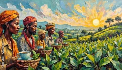 Vibrant painting of farmers in traditional attire harvesting crops at sunrise