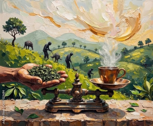 Artistic landscape painting with human figures, coffee cup, and nature scene