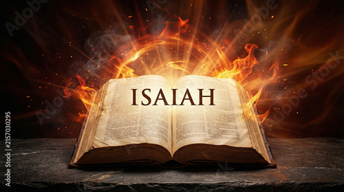 An open book with the word 'ISAIAH' prominently displayed. Flames and light surround the book, creating a dramatic and mystical atmosphere.