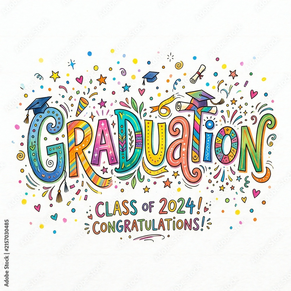 Fototapeta premium Colorful graduation celebration banner with confetti for Class of 2024 congratulations 
