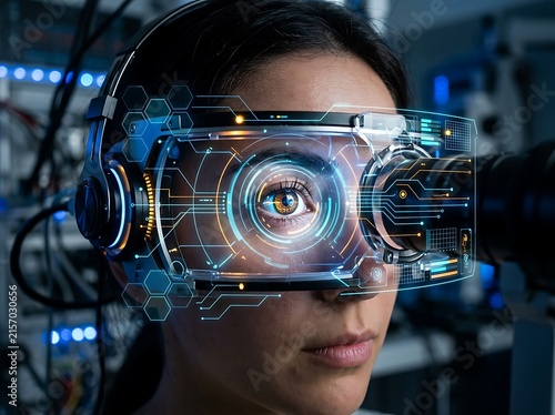 Close-up portrait of a cybernetic human eye.