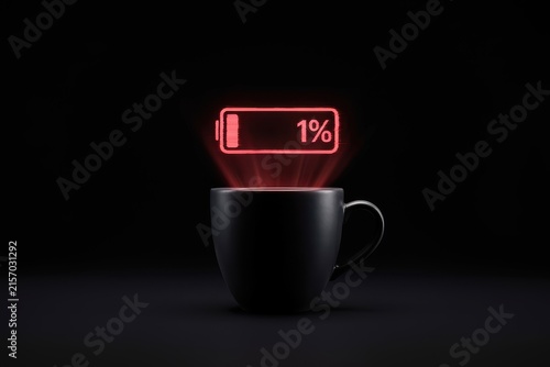 Black coffee mug with a holographic 1% battery symbol projected from it, low energy concept