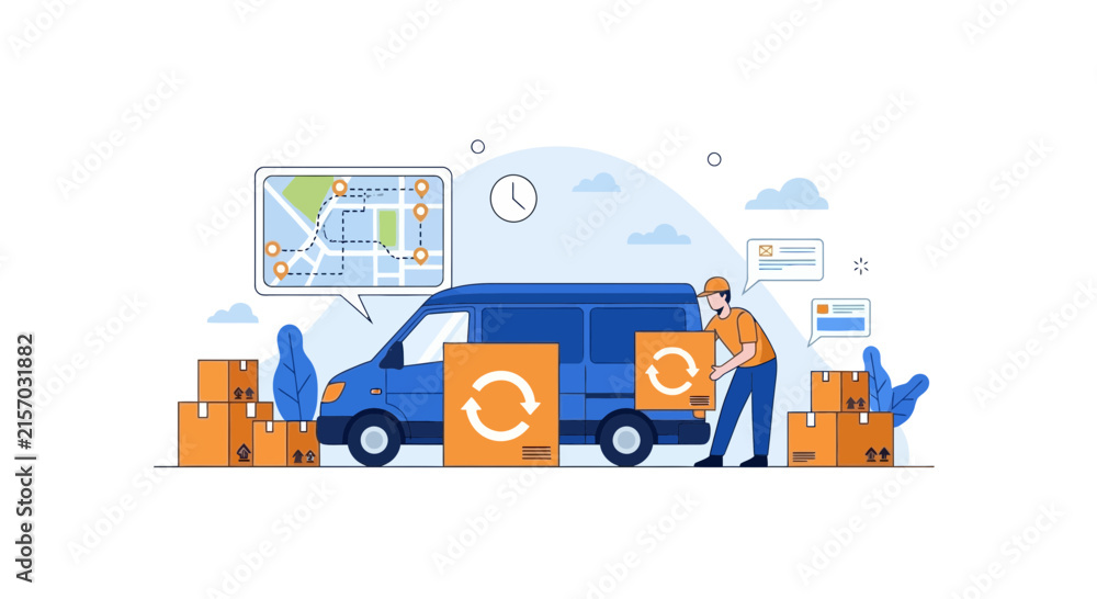 Naklejka premium Logistics Delivery Service with Courier Loading Van and GPS Tracking Illustration