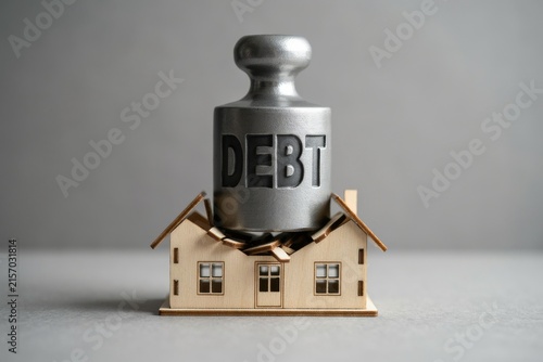 Heavy debt crushing a model house on a gray background