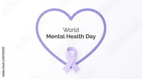 World mental health day heart frame with light purple ribbon vector illustration psychology care campaign card design