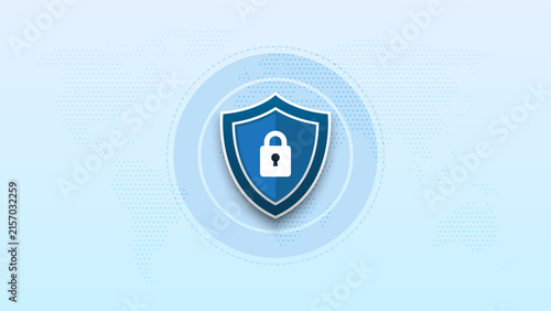 Modern cybersecurity concept with blue shield, lock, digital protection, security, privacy, network, and data symbols over a world map background