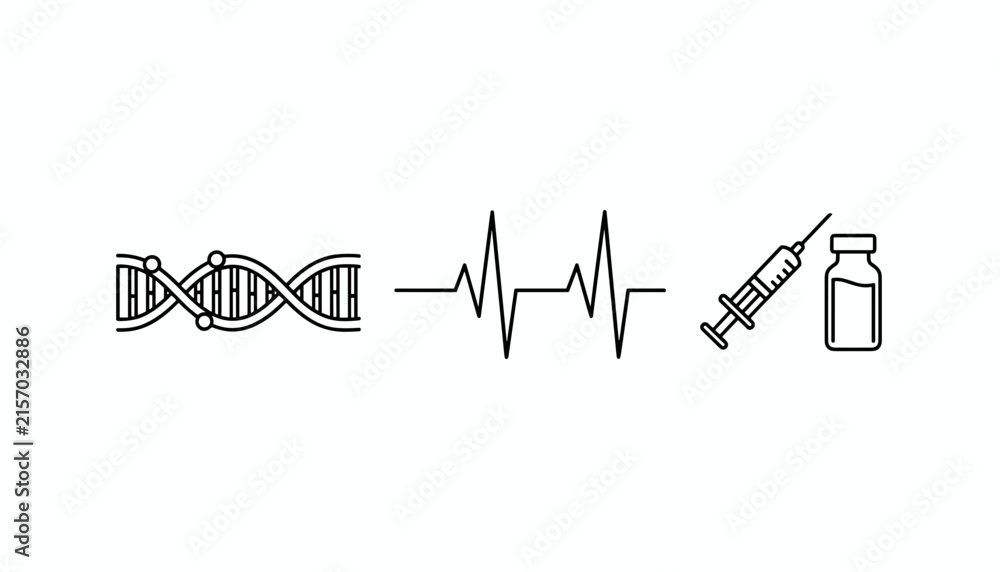 Obraz premium Biotechnology and medicine icons displaying DNA helix heartbeat pulse line syringe and vaccine bottle