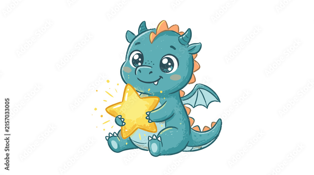 Fototapeta premium Friendly little blue dragon holding bright yellow star cute fantasy creature mascot design
