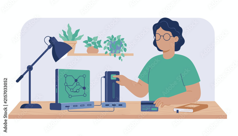 Fototapeta premium Woman using fingerprint scanner on desk with network monitor and smart devices illustration