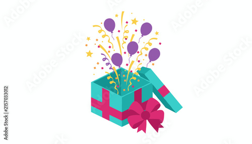 Open gift box with festive party balloons and confetti popping out
