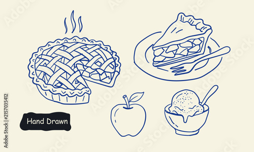 Hand drawn sweet pie and dessert vector set apple pie cake and ice cream line art illustration